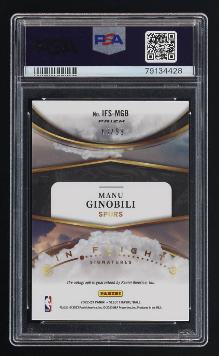 Manu Ginobli Signed 2022 Select In Flight Signature Prizm Autograph #IFSMGB #43/99 (PSA Authentic | Autograph Grade PSA 10) at PristineAuction.com Manu Ginobli Signed 2022 Select In Flight Signature Prizm Autograph #IFSMGB #43/99 (PSA Authentic | Autograph Grade PSA 10) at PristineAuction.com