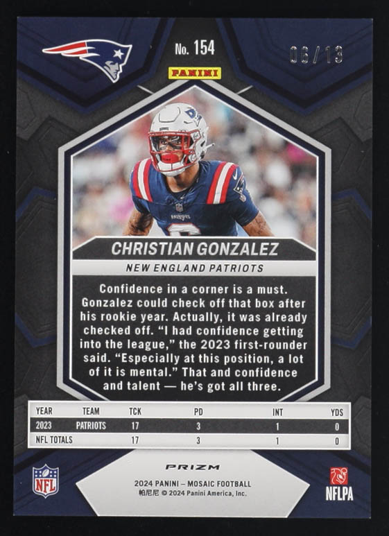 Christian Gonzalez 2024 Panini Mosaic Mosaic Green Swirl #154 #06/13 at PristineAuction.com Christian Gonzalez 2024 Panini Mosaic Mosaic Green Swirl #154 #06/13 at PristineAuction.com