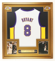 Kobe Bryant Custom Framed Jersey Display with (2) Championship Pins & Stat Plaque at PristineAuction.com