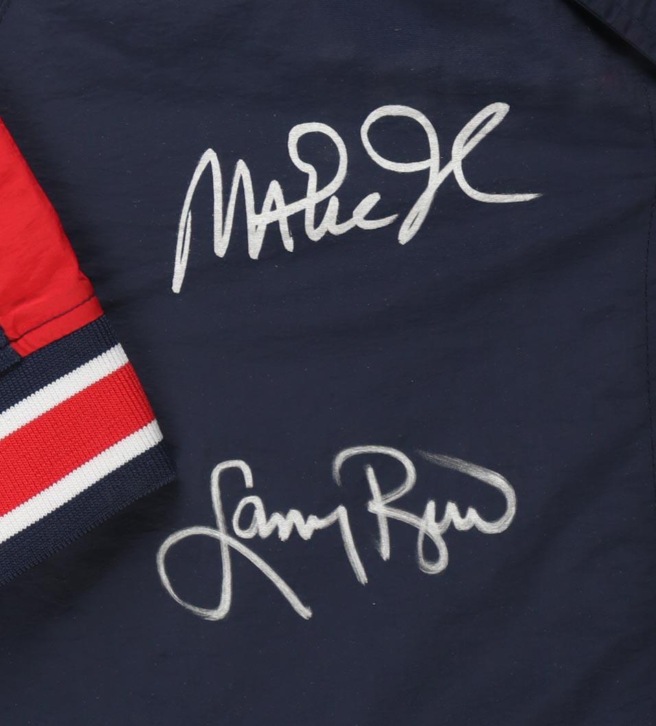 Larry Bird & Magic Johnson Signed Custom Framed Warm Up Top Display with (2) Stat Plaques & USA Patch (PSA) at PristineAuction.com Larry Bird & Magic Johnson Signed Custom Framed Warm Up Top Display with (2) Stat Plaques & USA Patch (PSA) at PristineAuction.com