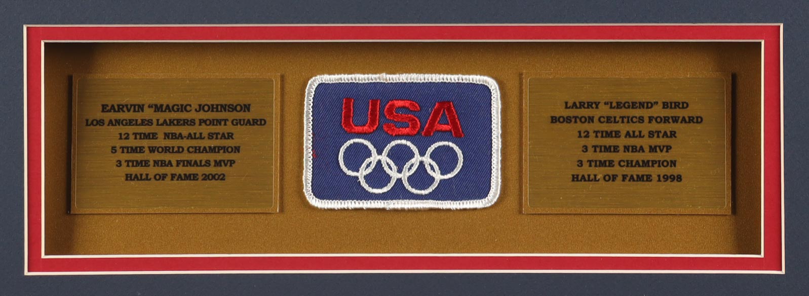 Larry Bird & Magic Johnson Signed Custom Framed Warm Up Top Display with (2) Stat Plaques & USA Patch (PSA) at PristineAuction.com Larry Bird & Magic Johnson Signed Custom Framed Warm Up Top Display with (2) Stat Plaques & USA Patch (PSA) at PristineAuction.com