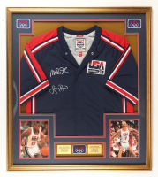 Larry Bird & Magic Johnson Signed Custom Framed Warm Up Top Display with (2) Stat Plaques & USA Patch (PSA) at PristineAuction.com