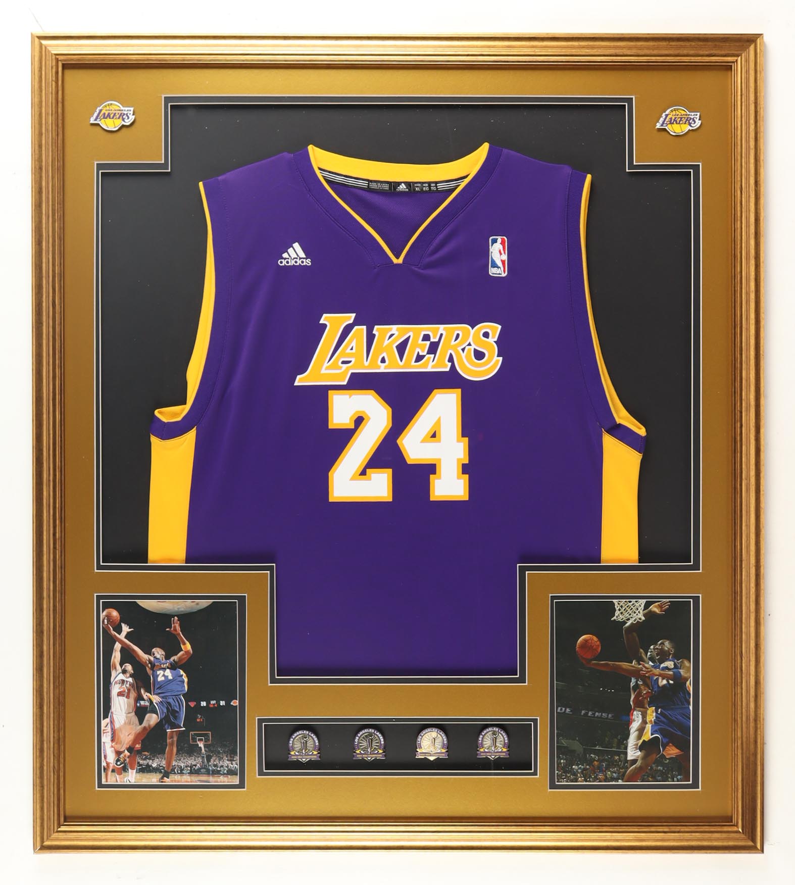 Kobe Bryant Custom Framed Jersey Display with (4) Championship Pins at PristineAuction.com Kobe Bryant Custom Framed Jersey Display with (4) Championship Pins at PristineAuction.com