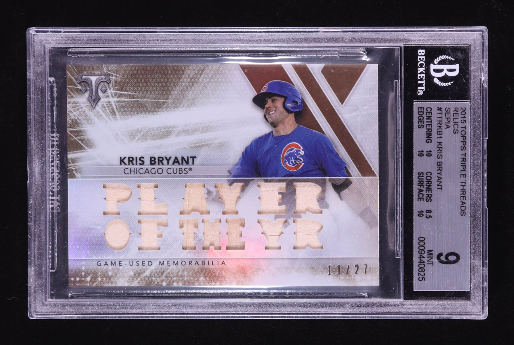 Kris Bryant 2015 Topps Triple Threads Relics Sepia #TTRKB1 RC #11/27 (BGS 9) at PristineAuction.com Kris Bryant 2015 Topps Triple Threads Relics Sepia #TTRKB1 RC #11/27 (BGS 9) at PristineAuction.com