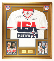 Larry Bird & Magic Johnson Signed Custom Framed Warm Up Top Display with (2) Stat Plaques (PSA & Beckett) at PristineAuction.com