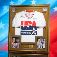 Larry Bird & Magic Johnson Signed Custom Framed Warm Up Top Display with (2) Stat Plaques (PSA & Beckett) at PristineAuction.com