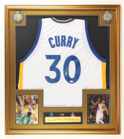 Stephen Curry Signed Custom Framed Jersey Display with Career Stat Plaque & (3) Championship Pins (JSA) at PristineAuction.com
