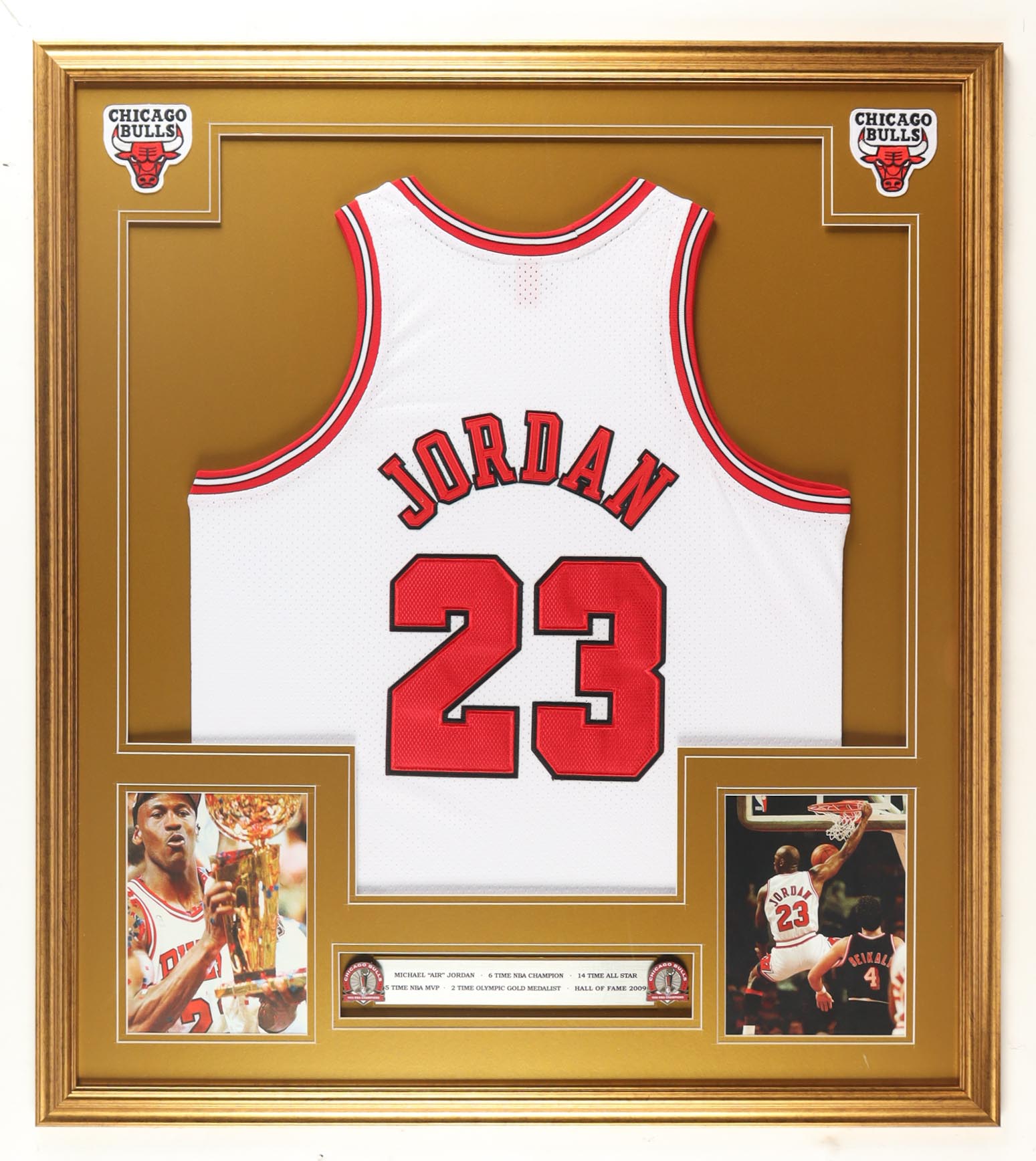 Michael Jordan Custom Framed Jersey Display With (2) Champion Pins & Career Stat Plaque at PristineAuction.com Michael Jordan Custom Framed Jersey Display With (2) Champion Pins & Career Stat Plaque at PristineAuction.com