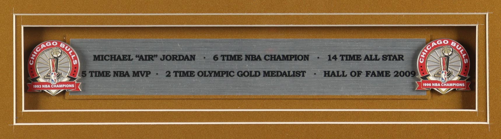 Michael Jordan Custom Framed Jersey Display With (2) Champion Pins & Career Stat Plaque at PristineAuction.com Michael Jordan Custom Framed Jersey Display With (2) Champion Pins & Career Stat Plaque at PristineAuction.com
