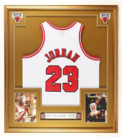 Michael Jordan Custom Framed Jersey Display With (2) Champion Pins & Career Stat Plaque at PristineAuction.com