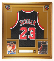 Michael Jordan Custom Framed Jersey Display With 3-Peat Pin & Career Stat Plaque at PristineAuction.com