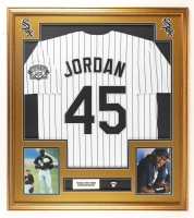 Michael Jordan Custom Framed Jersey Display With Jordan Sox Pin & Career Stat Plaque at PristineAuction.com