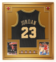 Michael Jordan Custom Framed Jersey Display With (4) Championship Pins at PristineAuction.com