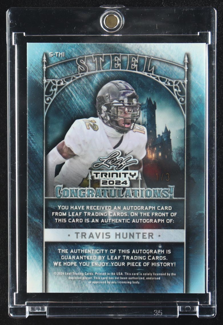 Travis Hunter 2024 Leaf Trinity Steel Iron Red #S-TH1 #1/3 RC at PristineAuction.com Travis Hunter 2024 Leaf Trinity Steel Iron Red #S-TH1 #1/3 RC at PristineAuction.com