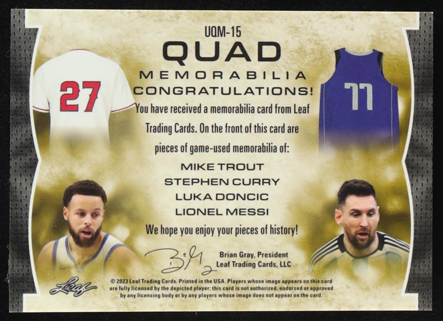 Mike Trout/Stephen Curry/Luka Doncic/Lionel Messi 2022 Leaf Ultimate Quad Memorabilia Silver Spectrum #UQM-15 #6/10 at PristineAuction.com Mike Trout/Stephen Curry/Luka Doncic/Lionel Messi 2022 Leaf Ultimate Quad Memorabilia Silver Spectrum #UQM-15 #6/10 at PristineAuction.com
