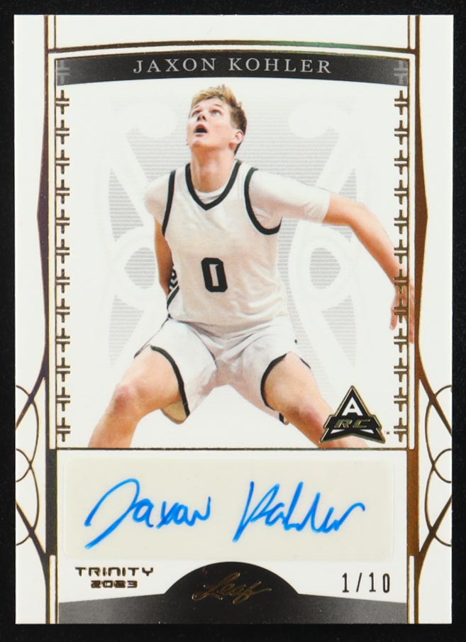 Jaxon Kohler  2023 Leaf Trinity Clear Autographs Holo Gold #BA-JK1 #1/10 RC at PristineAuction.com Jaxon Kohler  2023 Leaf Trinity Clear Autographs Holo Gold #BA-JK1 #1/10 RC at PristineAuction.com