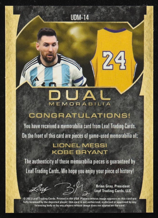 Lionel Messi/Kobe Bryant 2022 Leaf Ultimate Dual Memorabilia Red Spectrum #UDM-14 #2/3 at PristineAuction.com Lionel Messi/Kobe Bryant 2022 Leaf Ultimate Dual Memorabilia Red Spectrum #UDM-14 #2/3 at PristineAuction.com