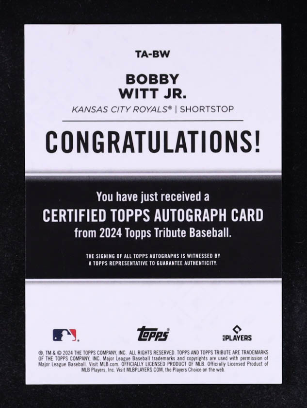 Bobby Witt Jr. 2024 Topps Tribute Autographs Blue #TABW #121/150 at PristineAuction.com Bobby Witt Jr. 2024 Topps Tribute Autographs Blue #TABW #121/150 at PristineAuction.com