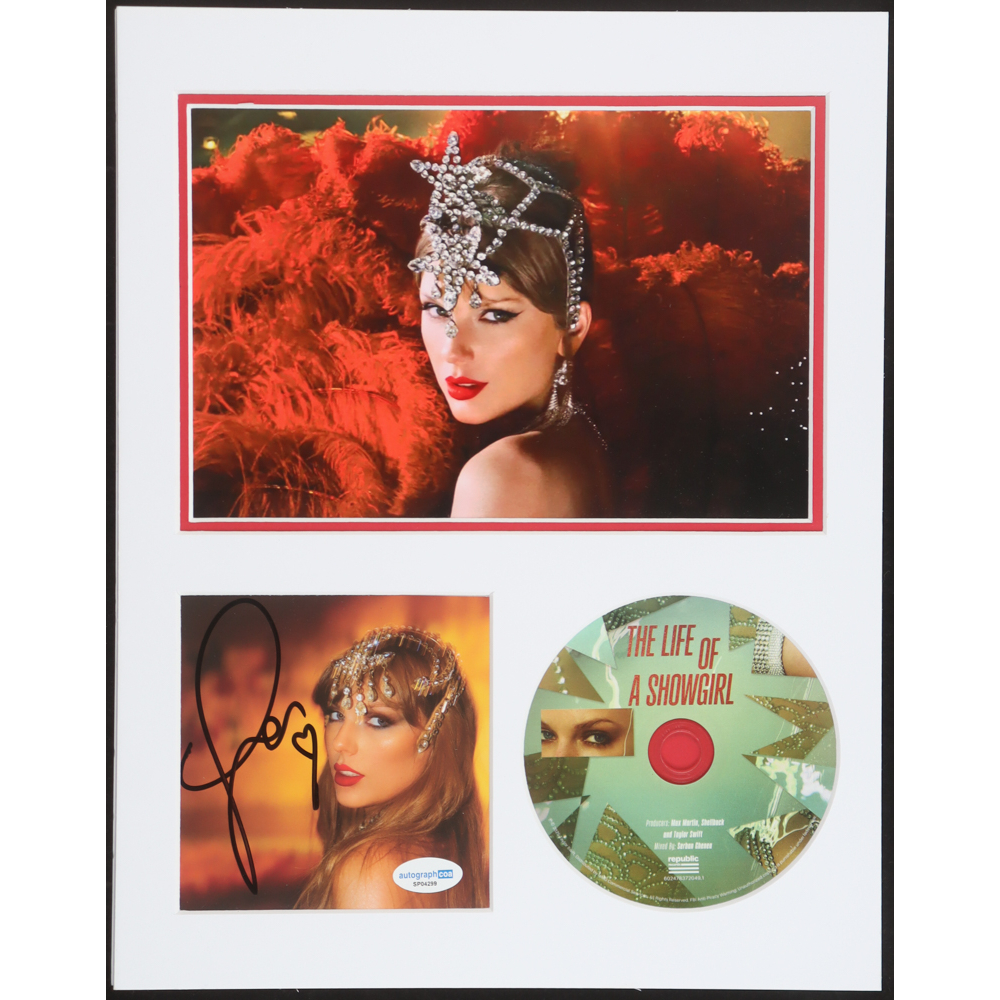 Taylor Swift Signed Custom Matted "The Life of a Showgirl" CD Album Insert Display with Disc (AutographCOA) at PristineAuction.com