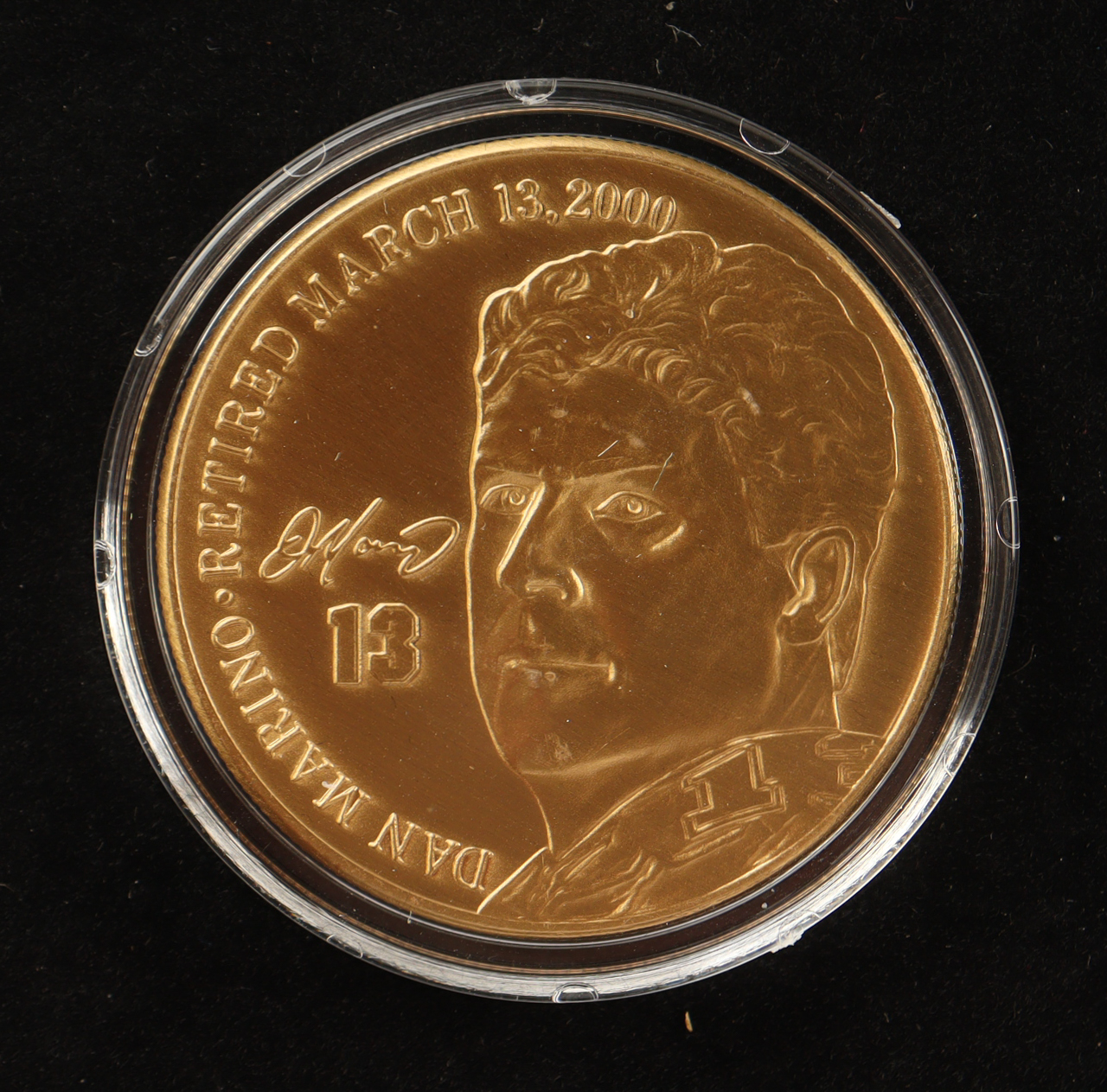 Dan Marino LE The Highland Mint Career Retirement Solid Bronze Coin With Display Case at PristineAuction.com Dan Marino LE The Highland Mint Career Retirement Solid Bronze Coin With Display Case at PristineAuction.com