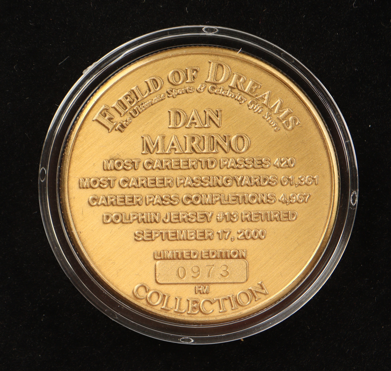 Dan Marino LE The Highland Mint Career Retirement Solid Bronze Coin With Display Case at PristineAuction.com Dan Marino LE The Highland Mint Career Retirement Solid Bronze Coin With Display Case at PristineAuction.com