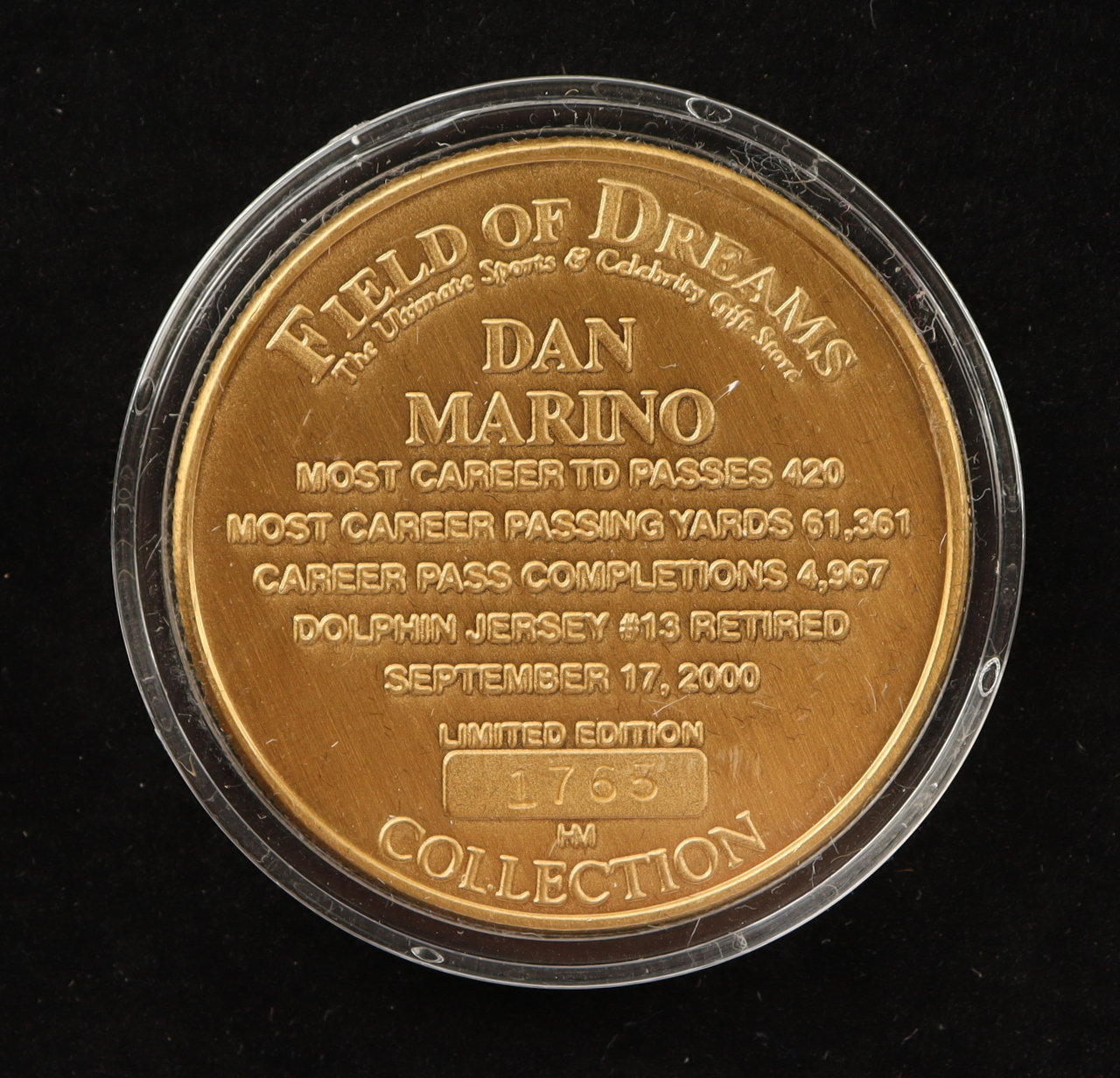 Dan Marino LE The Highland Mint Career Retirement Solid Bronze Coin With Display Case at PristineAuction.com Dan Marino LE The Highland Mint Career Retirement Solid Bronze Coin With Display Case at PristineAuction.com
