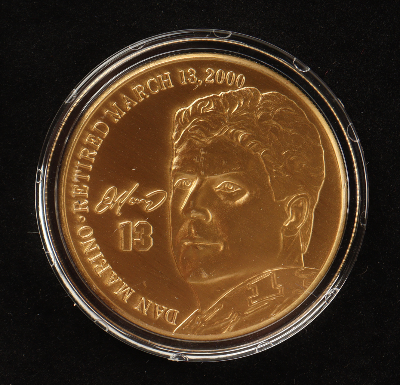 Dan Marino LE The Highland Mint Career Retirement Solid Bronze Coin With Display Case at PristineAuction.com Dan Marino LE The Highland Mint Career Retirement Solid Bronze Coin With Display Case at PristineAuction.com