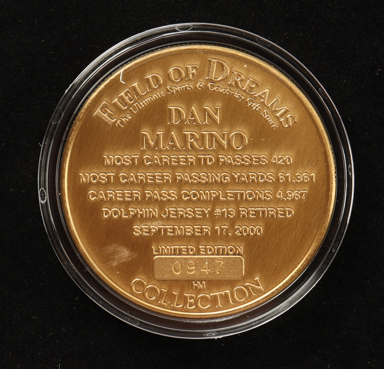 Dan Marino LE The Highland Mint Career Retirement Solid Bronze Coin With Display Case at PristineAuction.com Dan Marino LE The Highland Mint Career Retirement Solid Bronze Coin With Display Case at PristineAuction.com
