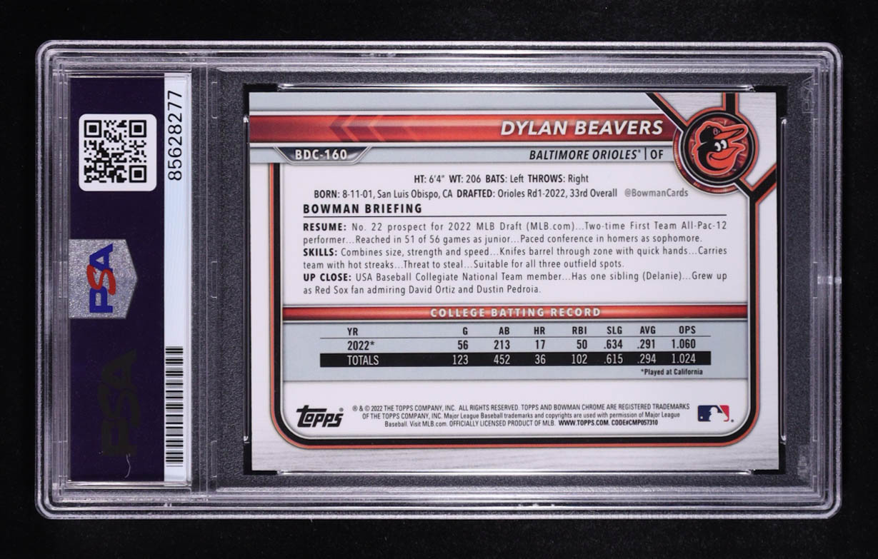Dylan Beavers Signed 2022 Bowman Chrome Prospect #BDC160 RC (PSA | Auto 8) at PristineAuction.com Dylan Beavers Signed 2022 Bowman Chrome Prospect #BDC160 RC (PSA | Auto 8) at PristineAuction.com
