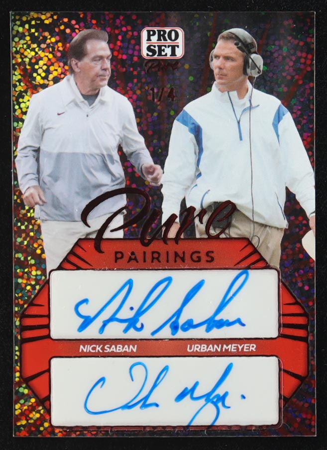 Nick Saban / Urban Meyer 2024 Leaf Pro Set Pure Pairings Holo PP-19 #1/4 at PristineAuction.com Nick Saban / Urban Meyer 2024 Leaf Pro Set Pure Pairings Holo PP-19 #1/4 at PristineAuction.com