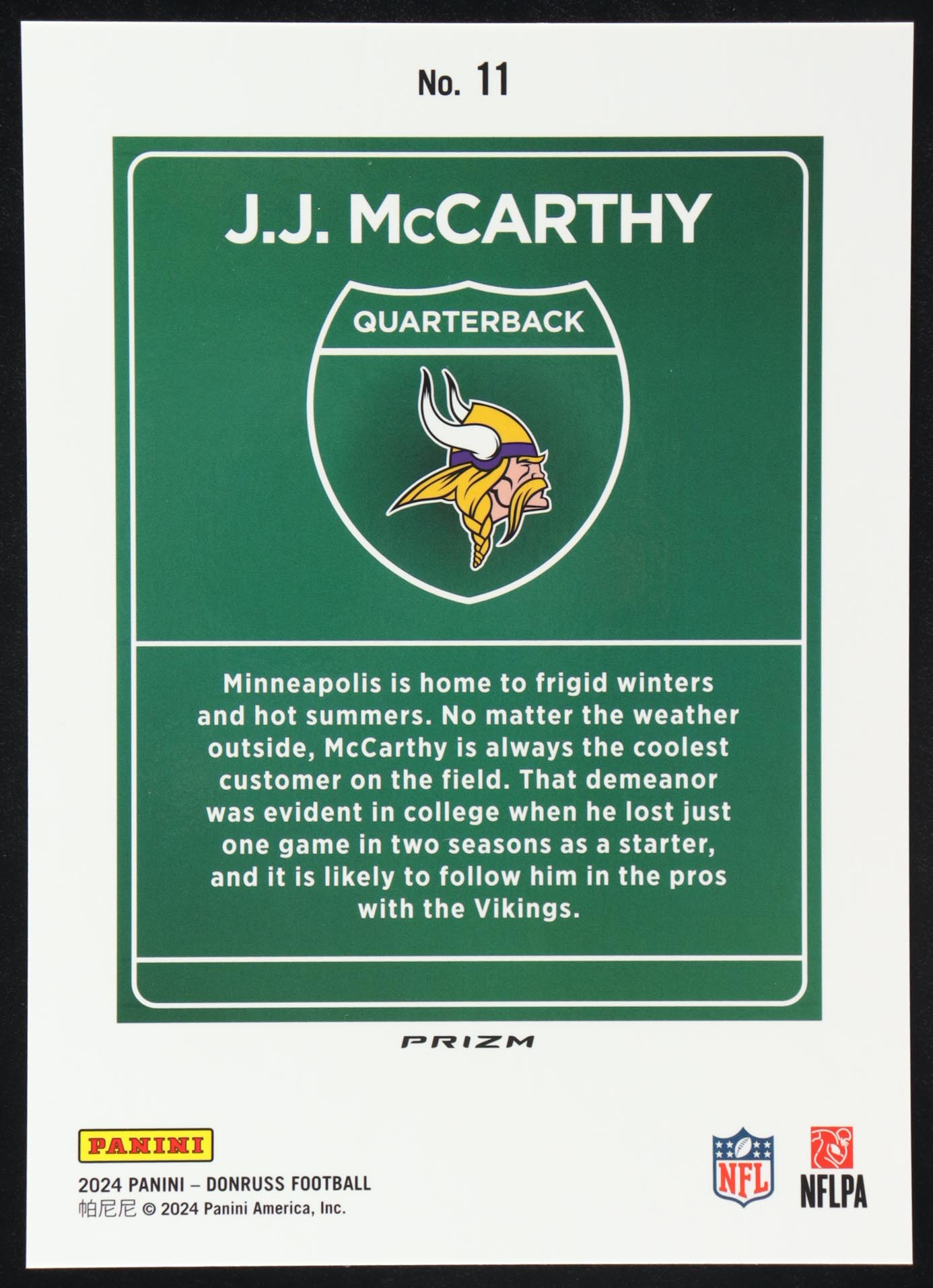 J.J. McCarthy 2024 Panini Donruss Prizm Dowtown #11 RC at PristineAuction.com J.J. McCarthy 2024 Panini Donruss Prizm Dowtown #11 RC at PristineAuction.com