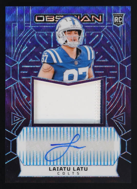 Laiatu Latu 2024 Panini Obsidian Rookie Jumbo Jersey Autographs Purple JSY AU #229 #02/49 RC at PristineAuction.com Laiatu Latu 2024 Panini Obsidian Rookie Jumbo Jersey Autographs Purple JSY AU #229 #02/49 RC at PristineAuction.com