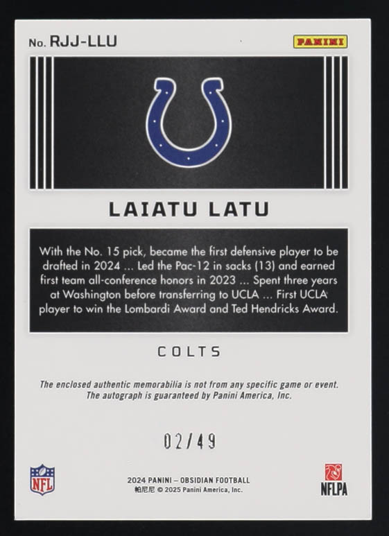 Laiatu Latu 2024 Panini Obsidian Rookie Jumbo Jersey Autographs Purple JSY AU #229 #02/49 RC at PristineAuction.com Laiatu Latu 2024 Panini Obsidian Rookie Jumbo Jersey Autographs Purple JSY AU #229 #02/49 RC at PristineAuction.com