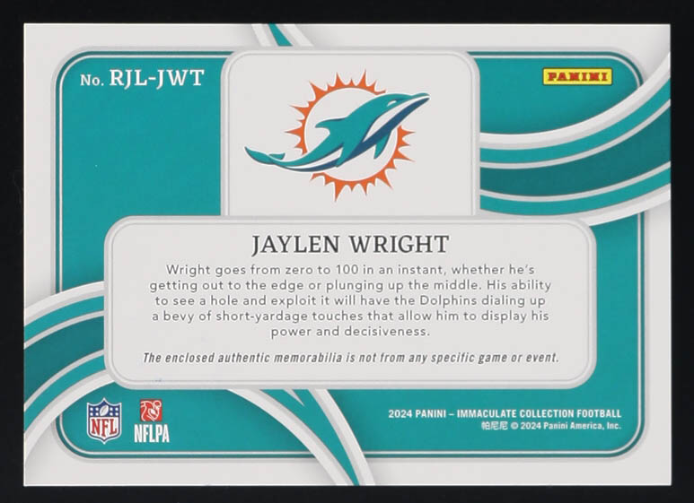 Jaylen Wright 2024 Immaculate Collection Rookie Jacket Logos #18 #17/22 RC at PristineAuction.com Jaylen Wright 2024 Immaculate Collection Rookie Jacket Logos #18 #17/22 RC at PristineAuction.com