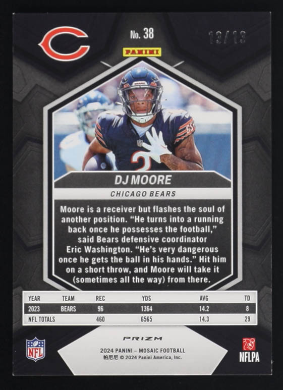 D.J. Moore 2024 Panini Mosaic Mosaic Green Swirl #38 #13/13 at PristineAuction.com D.J. Moore 2024 Panini Mosaic Mosaic Green Swirl #38 #13/13 at PristineAuction.com