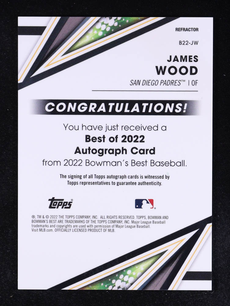 James Wood 2022 Bowman's Best Best of '22 Autographs Refractors #B22JW RC at PristineAuction.com James Wood 2022 Bowman's Best Best of '22 Autographs Refractors #B22JW RC at PristineAuction.com