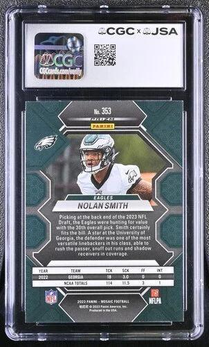 Nolan Smith Signed 2023 Panini Mosaic Choice Red & Green #353 RC (CGC 9.5 | Auto 10) at PristineAuction.com Nolan Smith Signed 2023 Panini Mosaic Choice Red & Green #353 RC (CGC 9.5 | Auto 10) at PristineAuction.com