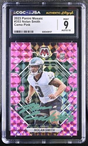 Nolan Smith Signed 2023 Panini Mosaic Camo Pink #353 RC (CGC 9 | Auto 10) at PristineAuction.com Nolan Smith Signed 2023 Panini Mosaic Camo Pink #353 RC (CGC 9 | Auto 10) at PristineAuction.com