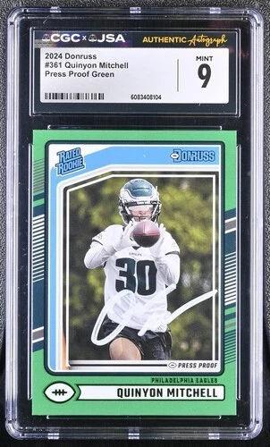 Quinyon Mitchell Signed 2024 Panini Donruss Press Proof Green RR #361 RC (CGC 9) at PristineAuction.com Quinyon Mitchell Signed 2024 Panini Donruss Press Proof Green RR #361 RC (CGC 9) at PristineAuction.com