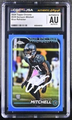 Quinyon Mitchell Signed 2024 Topps Chrome Blue Refractor #229 RC #/150 (CGC | Auto 9) at PristineAuction.com Quinyon Mitchell Signed 2024 Topps Chrome Blue Refractor #229 RC #/150 (CGC | Auto 9) at PristineAuction.com