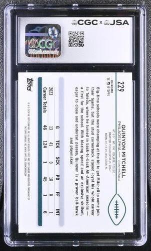 Quinyon Mitchell Signed 2024 Topps Chrome Blue Refractor #229 RC #/150 (CGC | Auto 9) at PristineAuction.com Quinyon Mitchell Signed 2024 Topps Chrome Blue Refractor #229 RC #/150 (CGC | Auto 9) at PristineAuction.com