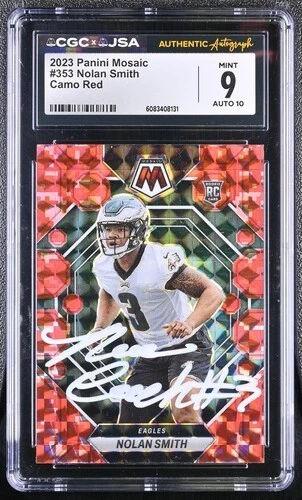 Nolan Smith Signed 2023 Panini Mosaic Camo Red #353 RC (CGC 9 | Auto 10) at PristineAuction.com Nolan Smith Signed 2023 Panini Mosaic Camo Red #353 RC (CGC 9 | Auto 10) at PristineAuction.com