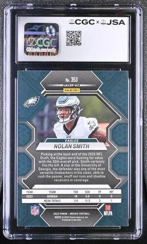 Nolan Smith Signed 2023 Panini Mosaic Camo Pink #353 RC (CGC 9 | Auto 10) at PristineAuction.com Nolan Smith Signed 2023 Panini Mosaic Camo Pink #353 RC (CGC 9 | Auto 10) at PristineAuction.com