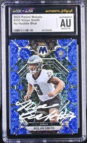 Nolan Smith Signed 2023 Panini Mosaic No Huddle Blue #353 RC (CGC | Auto 10) at PristineAuction.com Nolan Smith Signed 2023 Panini Mosaic No Huddle Blue #353 RC (CGC | Auto 10) at PristineAuction.com