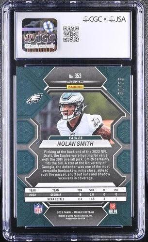 Nolan Smith Signed 2023 Panini Mosaic No Huddle Blue #353 RC (CGC | Auto 10) at PristineAuction.com Nolan Smith Signed 2023 Panini Mosaic No Huddle Blue #353 RC (CGC | Auto 10) at PristineAuction.com