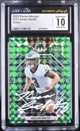 Nolan Smith Signed 2023 Panini Mosaic Green #353 RC (CGC 10 | Auto 10) at PristineAuction.com Nolan Smith Signed 2023 Panini Mosaic Green #353 RC (CGC 10 | Auto 10) at PristineAuction.com