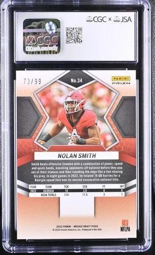 Nolan Smith Signed 2023 Panini Mosaic Draft Picks Red #34 (CGC | Auto 9) at PristineAuction.com Nolan Smith Signed 2023 Panini Mosaic Draft Picks Red #34 (CGC | Auto 9) at PristineAuction.com