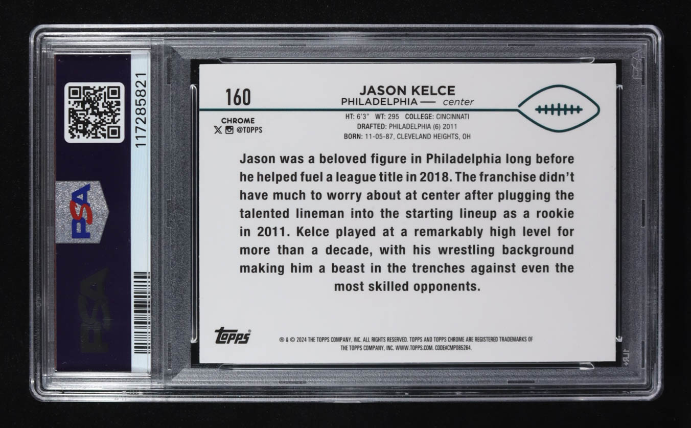 Jason Kelce 2024 Topps Chrome Purple Speckle Refractors #160 #107/275 (PSA 9) at PristineAuction.com Jason Kelce 2024 Topps Chrome Purple Speckle Refractors #160 #107/275 (PSA 9) at PristineAuction.com