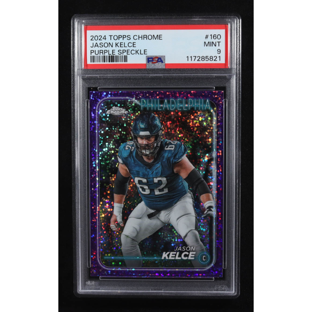 Jason Kelce 2024 Topps Chrome Purple Speckle Refractors #160 #107/275 (PSA 9) at PristineAuction.com