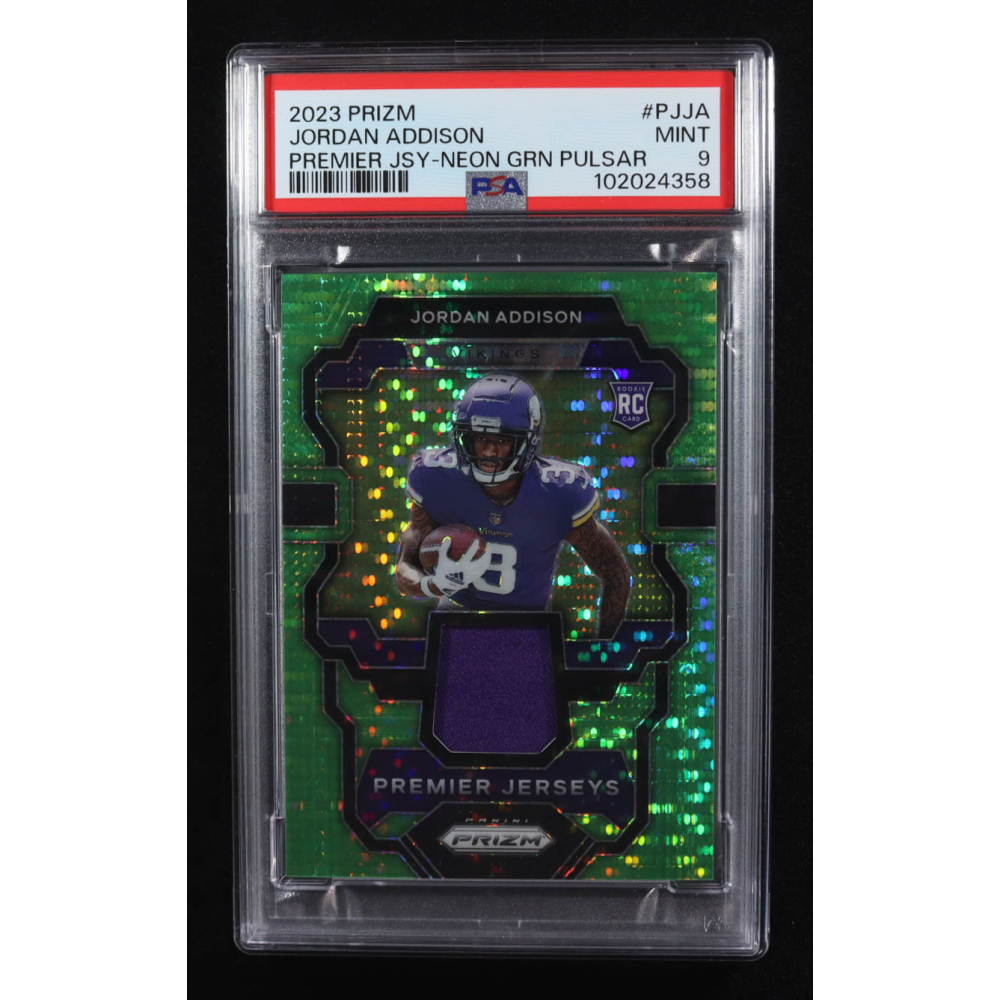 Jordan Addison 2023 Panini Prizm Premier Jerseys Neon Green Pulsar #14 RC (PSA 9) at PristineAuction.com